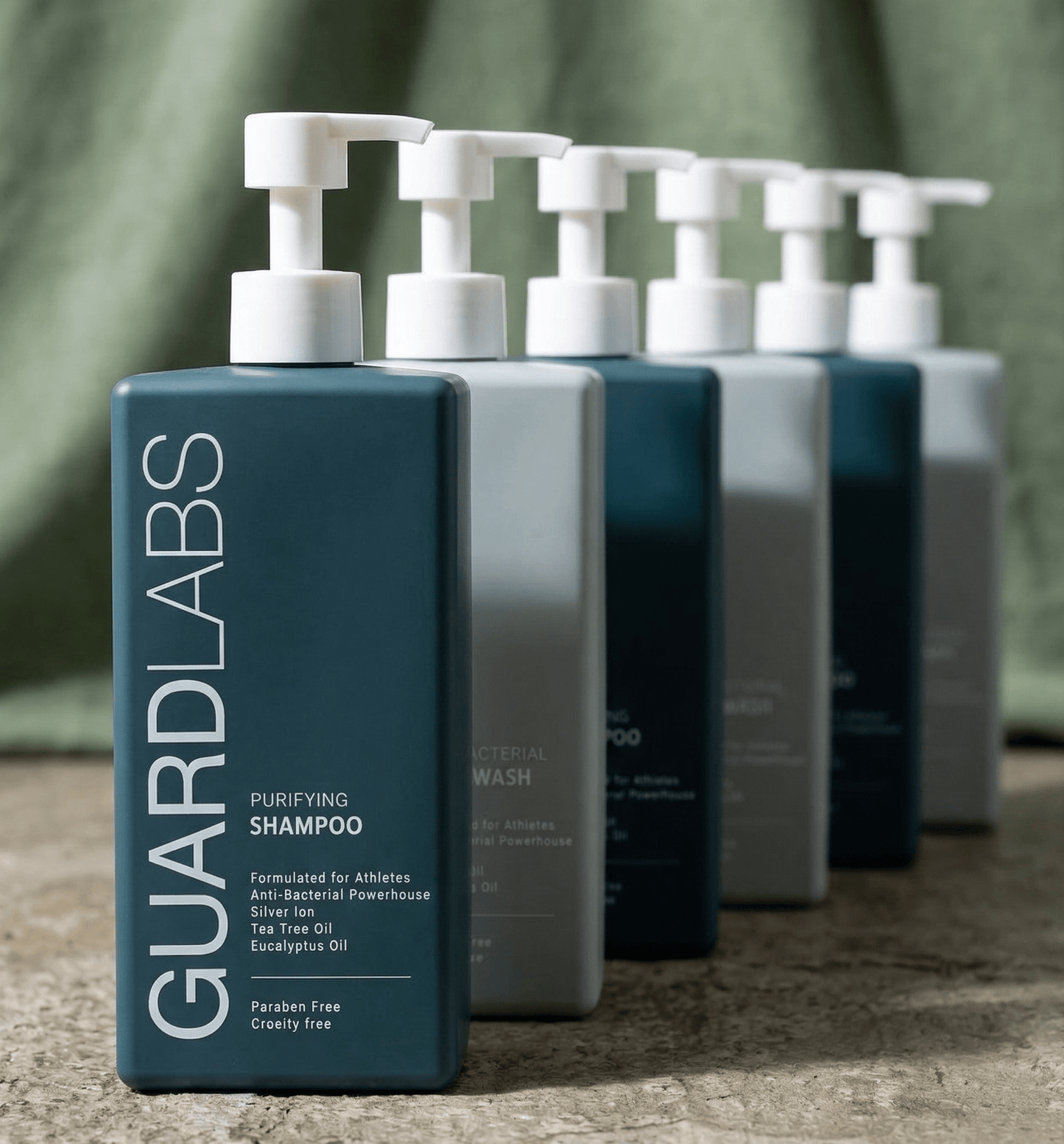 Guard Labs purifying shampoo bottles lineup – Silver Ion formula for athletes