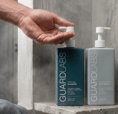Guard Labs body wash and shampoo set displayed on shower shelf