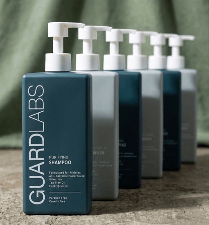 Guard Labs purifying shampoo bottles lineup – Silver Ion formula for athletes
